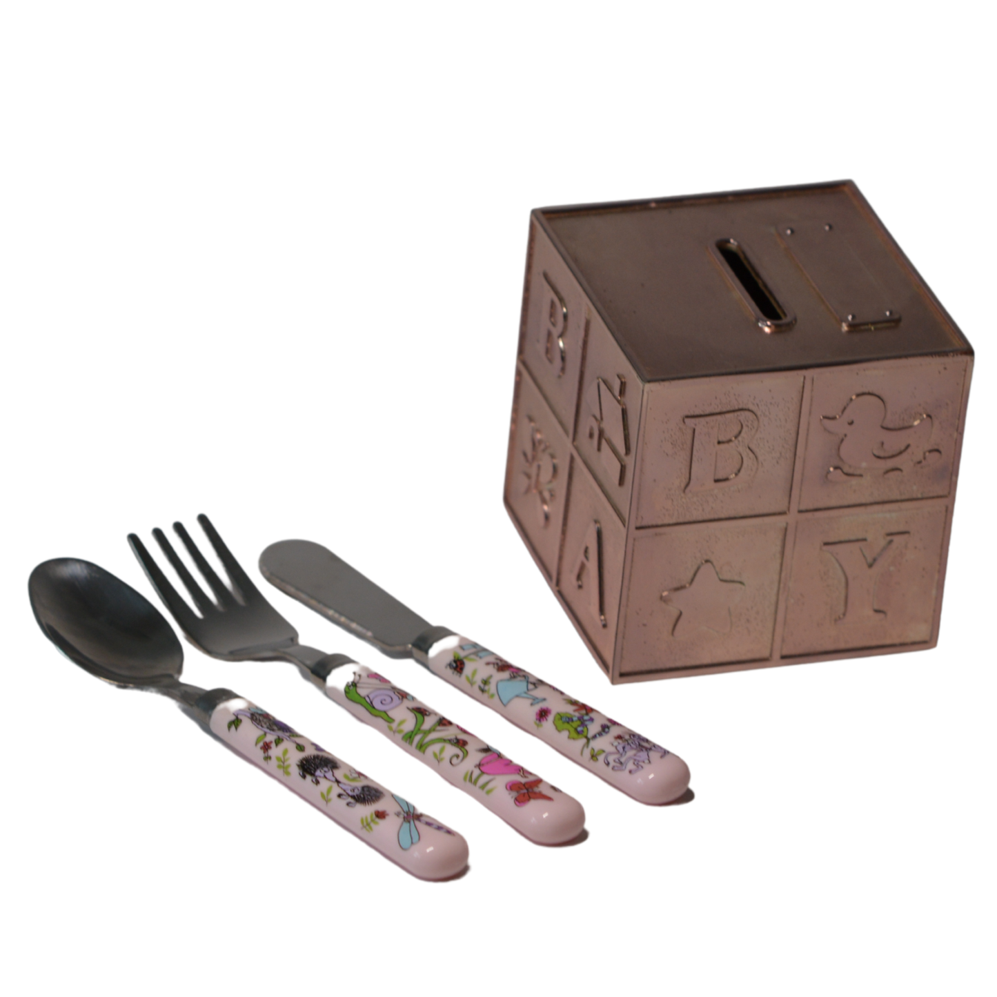 Rose Gold Baby Money Box & Tyrrel Katz Cutlery Set