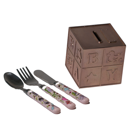Rose Gold Baby Money Box & Tyrrel Katz Cutlery Set